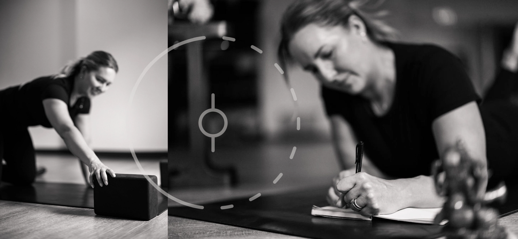 Photos of Sarah Sandkuhl with her logo mark overlaid. On the left she's reaching for a yoga block. On the right she's laying down on a yoga mat journaling and her hand is in focus.