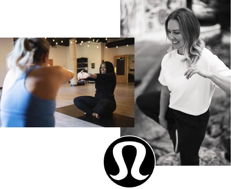 Two photographs are layered on top of each other. The image to the left is over Sarah's shoulder in studio, showing a student matching her stretech. The second photo is candid of Sarah smiling while mid-pose and is in greyscale although outside in a shady area. A lululemon icon is layered too to give a scrapbook kind of feel. 