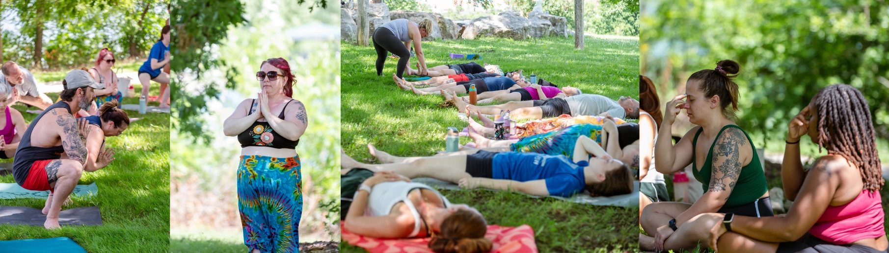 Yoga students enjoy a beautiful day in Columbia, Missouri during an annual celebration.