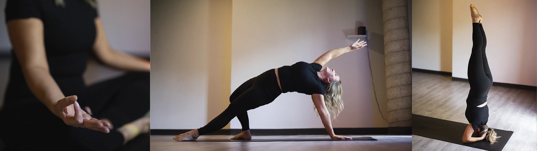 Trio of images showing Sarah in a variety of yoga poses: meditating, stretching, and in a headstand.