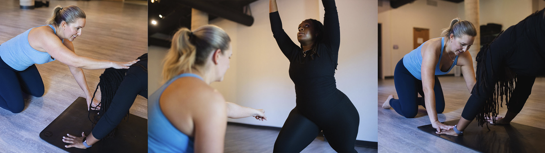 A trio of images showing Sarah Sandkuhl giving private yoga instruction in a Columbia, MO yoga studio.